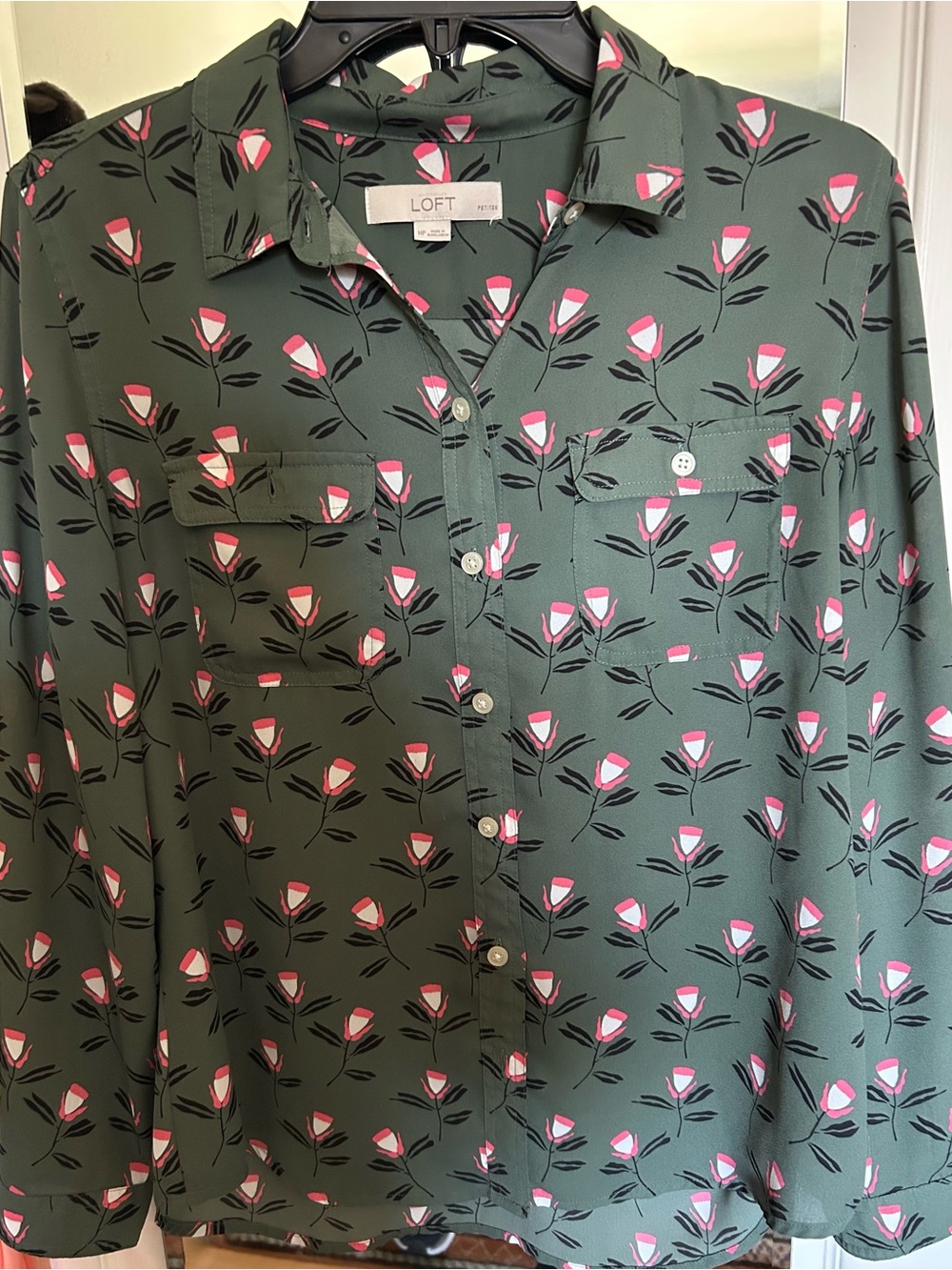 LOFT Green Button-Up Shirt with Pink Floral Print